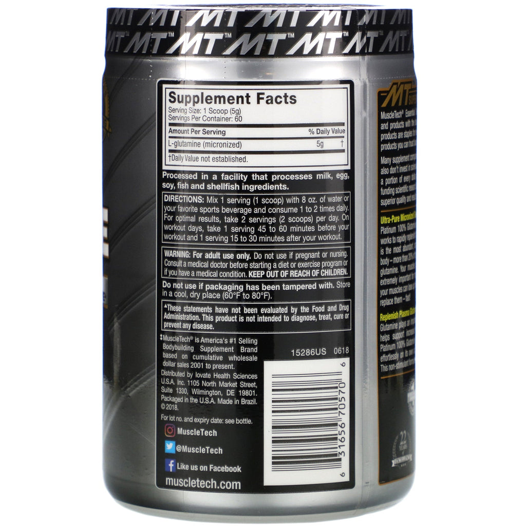 Muscletech, Essential Series, Platinum 100% Glutamine, Unflavored, 5 g, 10.58 oz (300 g)