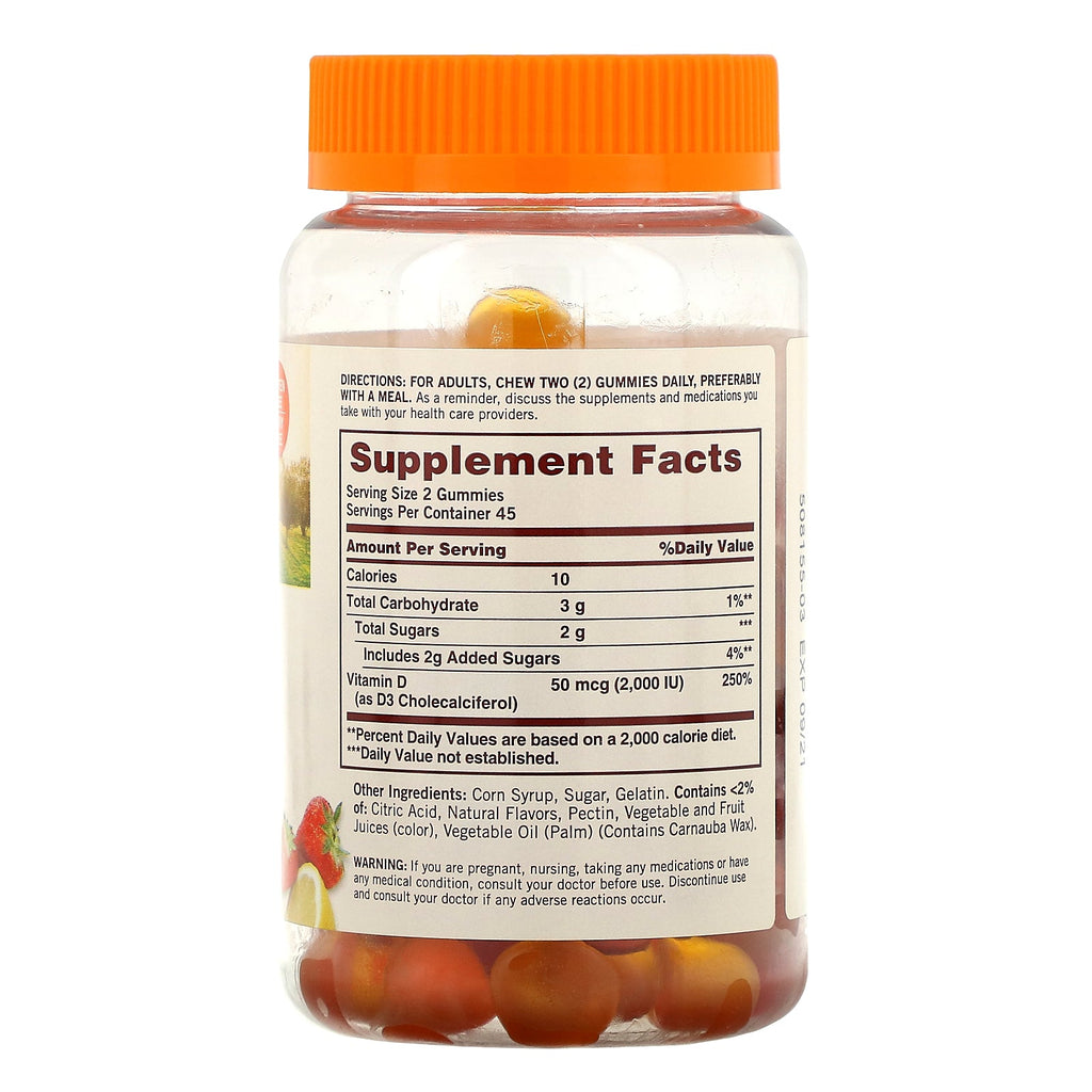 Sundown Naturals, Vitamin D3 Gummies, Strawberry, Orange, & Lemon Flavored, 50 mcg (2,000 IU), 90 Gummies