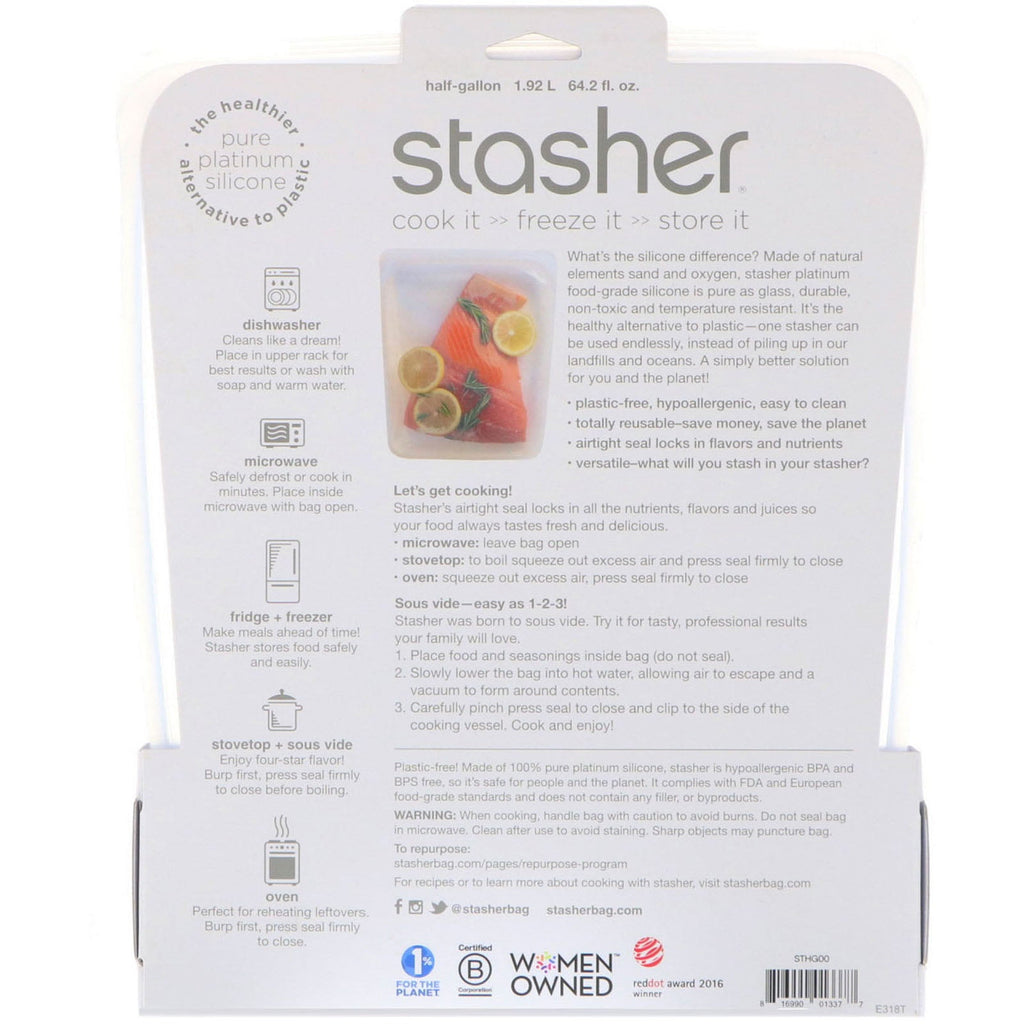 Stasher, Reusable Silicone Food Bag, Half Gallon Bag, Clear, 64.2 fl oz (1.92 l)