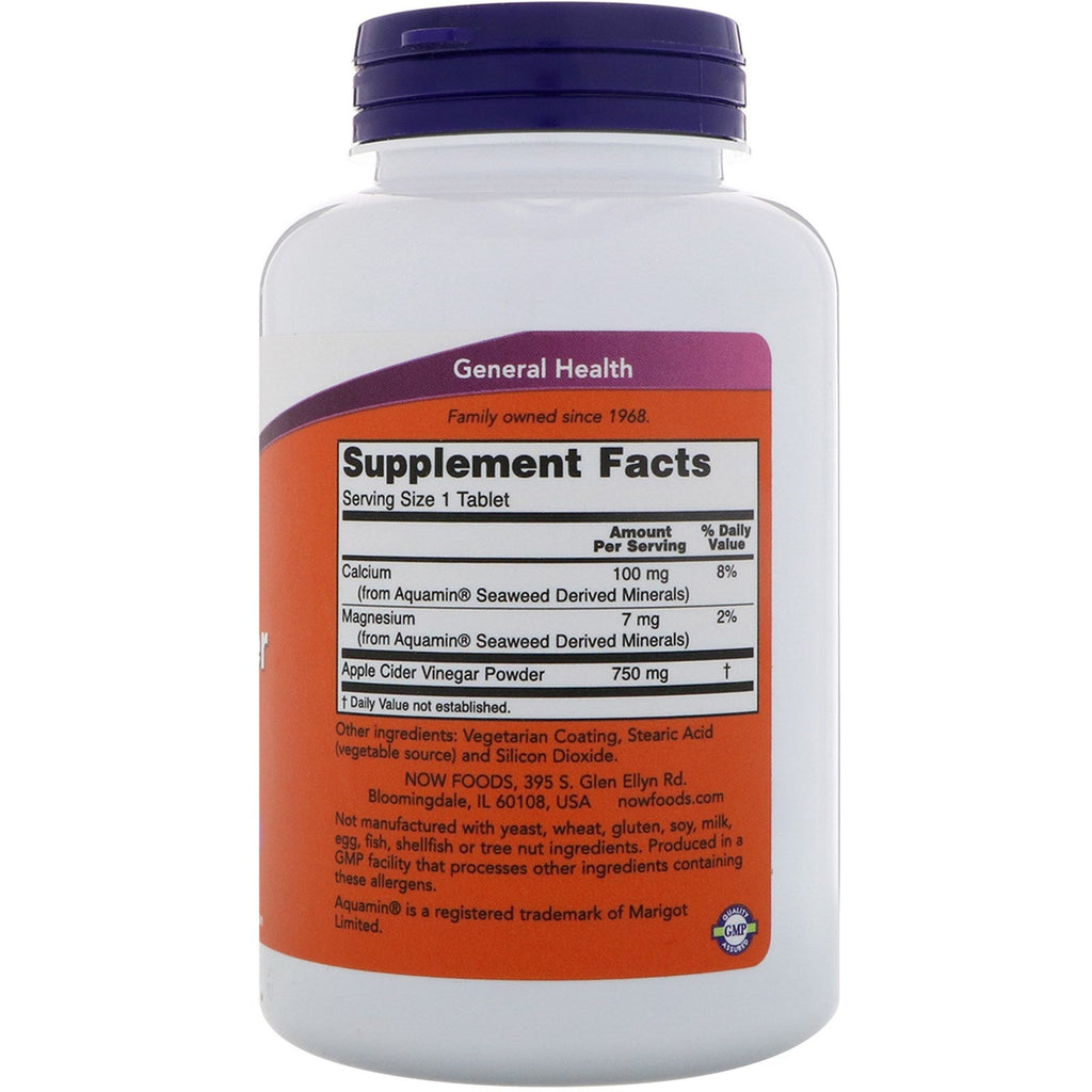 Now Foods, Apple Cider Vinegar, Extra Strength, 750 mg, 180 Tablets