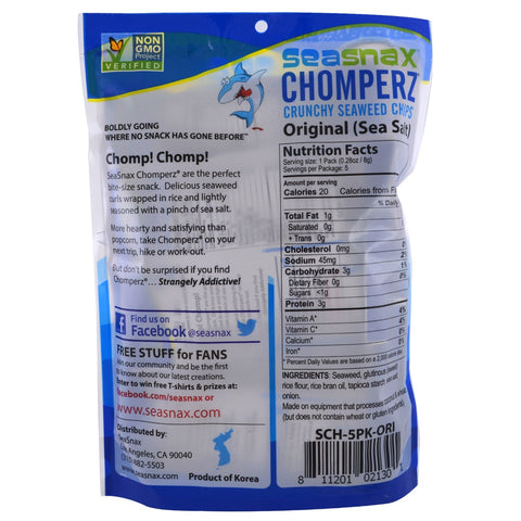 SeaSnax, Chomperz, Crunch Seaweed Chips, Original, 5 Single Serve Packs, 0.28 oz (8 g) Each
