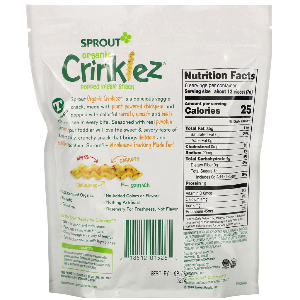 Sprout , Crinklez, Popped Veggie Snack, Pumpkin Carrot, 1.48 oz (42 g)