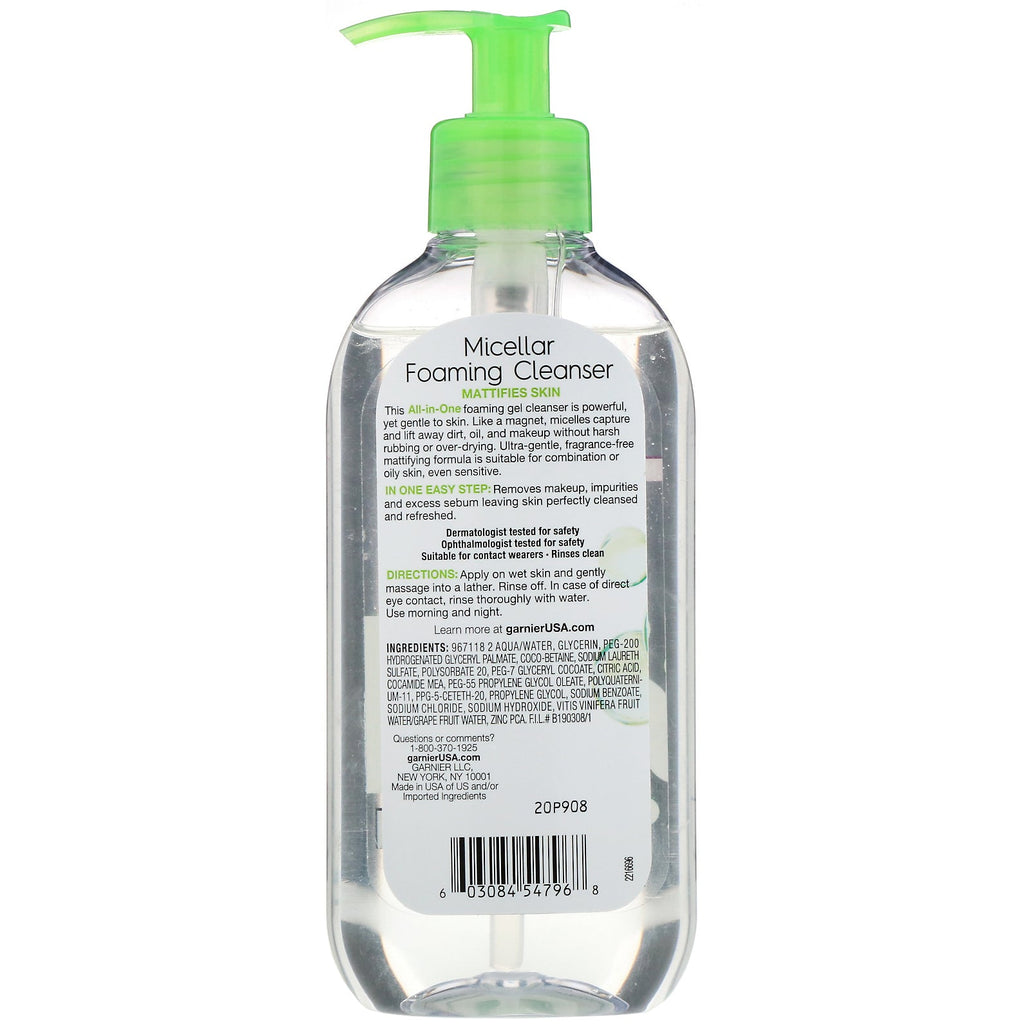 Garnier, SkinActive, Micellar Foaming Cleanser, All-in-1 Skyl, Combo/Fedtet hud, 6,7 fl oz (200 ml)