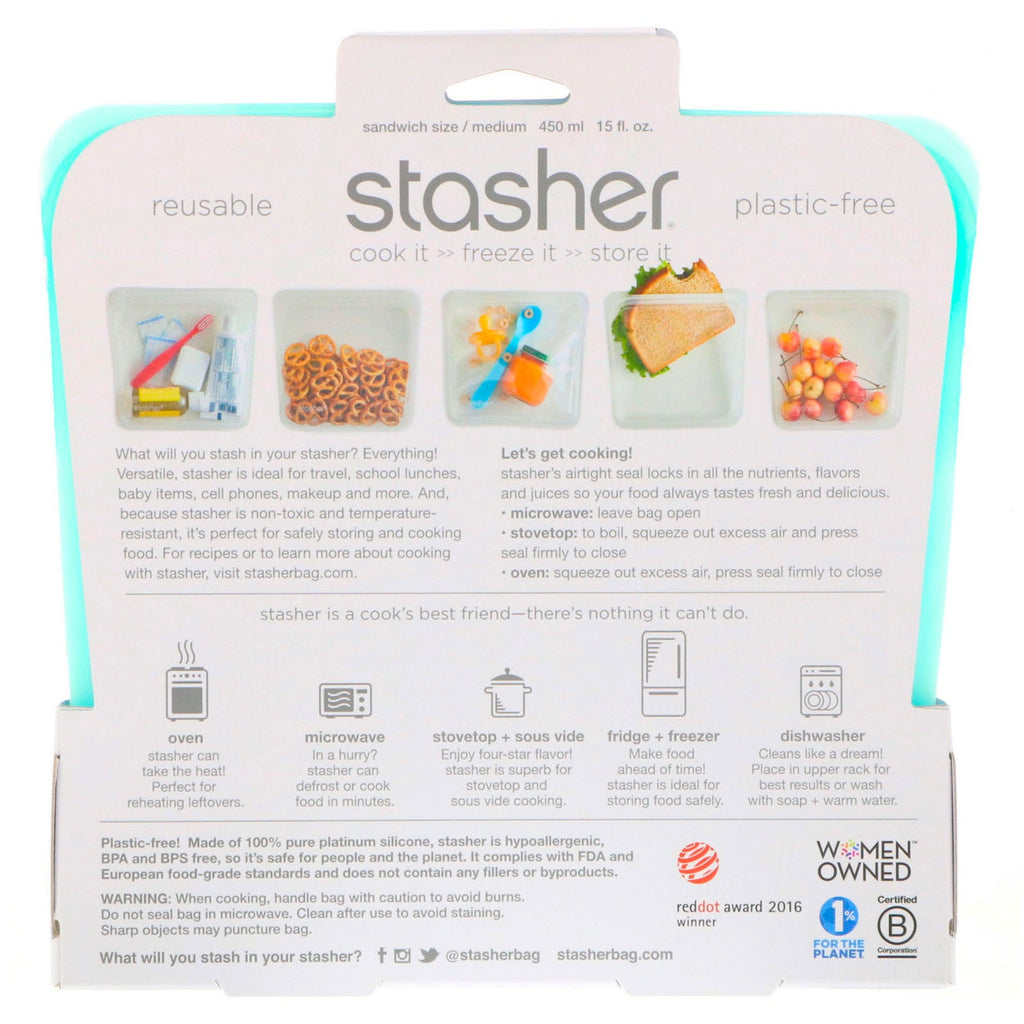 Stasher, Reusable Silicone Food Bag, Sandwich Size Medium, Aqua, 15 fl oz (450 ml)