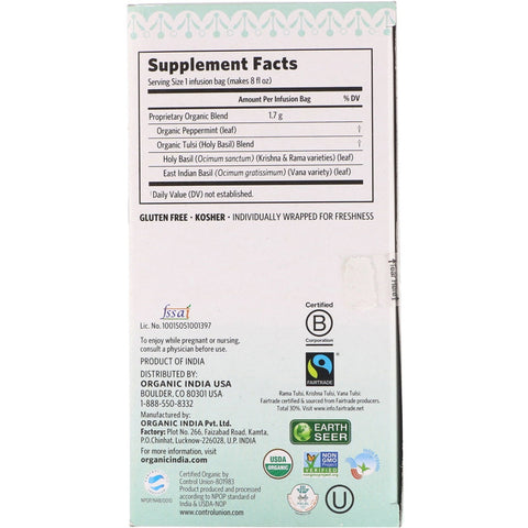 India, Tulsi Tea, Peppermint, Caffeine-Free, 18 Infusion Bags, 1.08 oz (30.6 g)