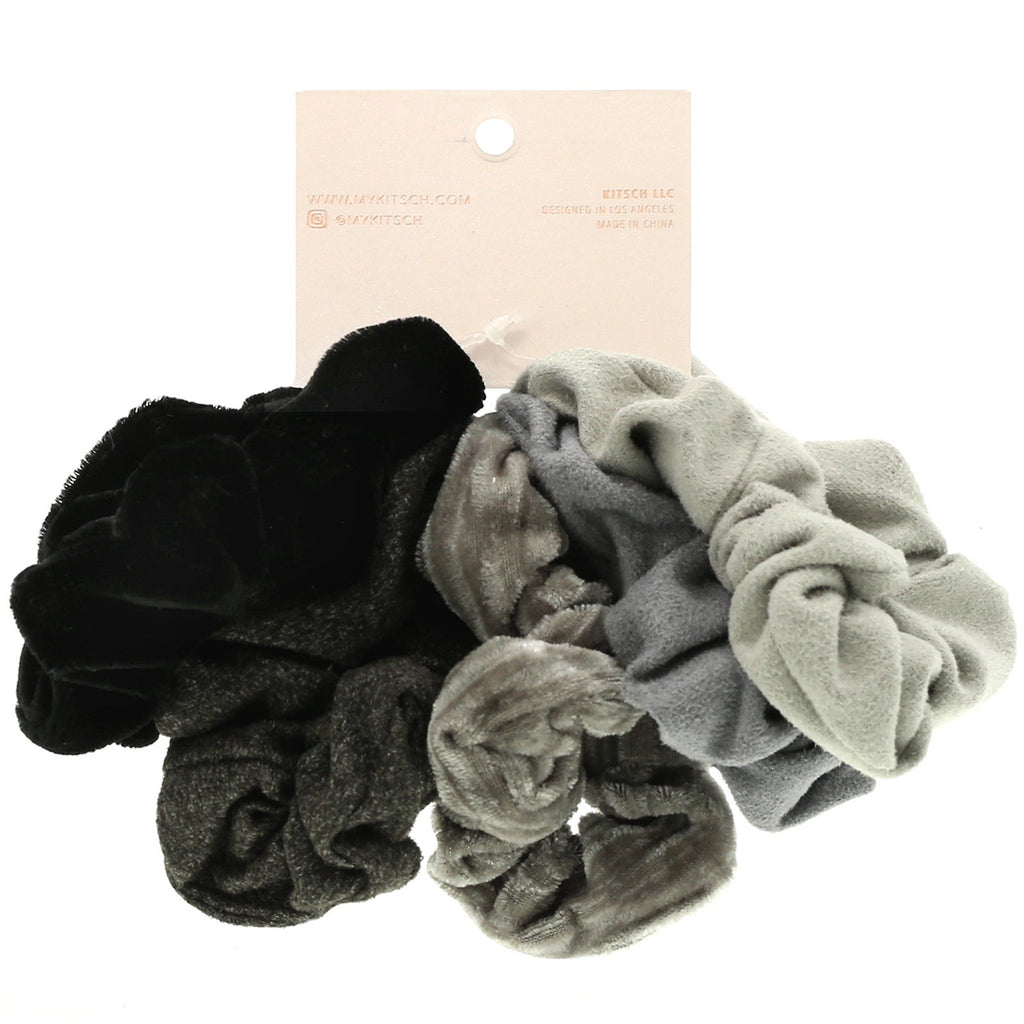 Kitsch, Velvet Scrunchies, Black/Gray, 5 Count