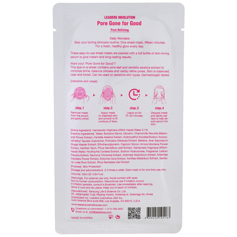 Leaders, Insolution, Daily Wonders, Pore Gone for Good, Pore Refining Mask, 1 Sheet, 0.84 fl oz (25 ml)