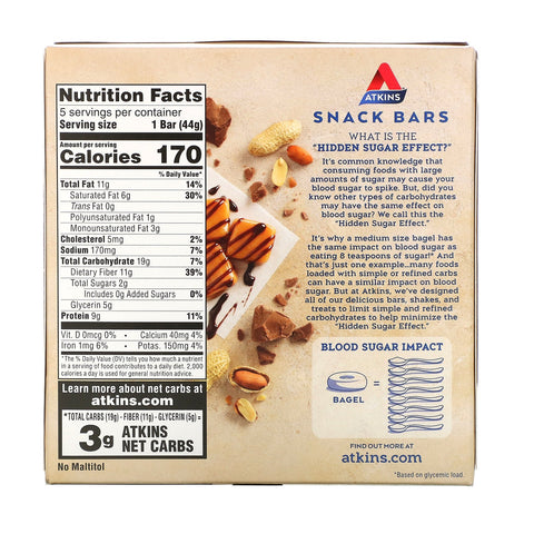 Atkins, Snack, Caramel Chocolate Peanut Nougat Bar, 5 Bars, 1.55 oz (44 g) Each