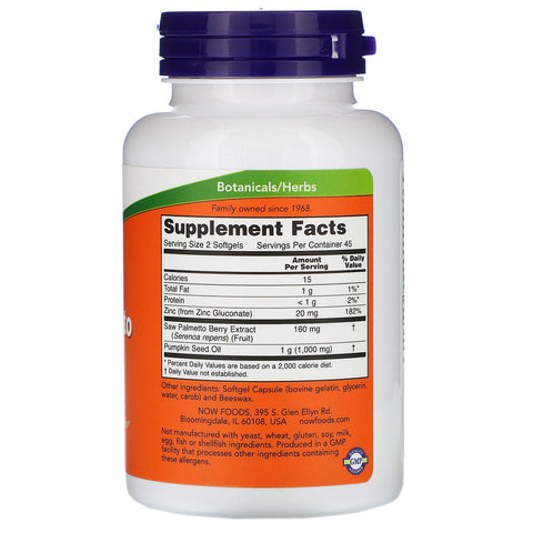 Now Foods, Saw Palmetto Extract, With Pumpkin Seed Oil and Zinc, 160 mg,  90 Softgels