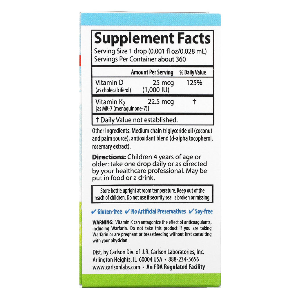 Carlson Labs, Kid's, Super Daily D3+K2, 25 mcg (1,000 IU) & 22.5 mcg, 0.34 fl oz (10.16 ml)