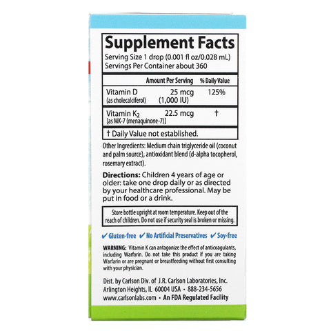 Carlson Labs, Kid's, Super Daily D3+K2, 25 mcg (1,000 IU) & 22.5 mcg, 0.34 fl oz (10.16 ml)