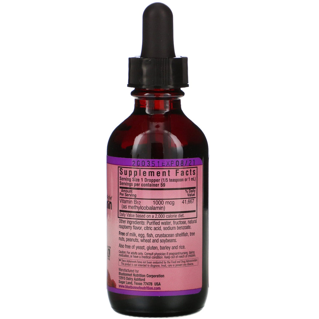 Bluebonnet Nutrition, Liquid CelluarActive Methylcobalamin Vitamin B12, Raspberry Flavor, 1,000 mcg, 2 fl oz (59 ml)