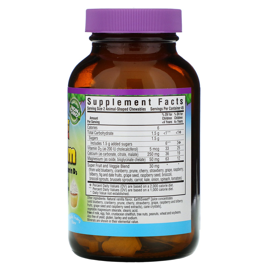 Bluebonnet Nutrition, Rainforest Animalz, Calcium Magnesium & Vitamin D3, Natural Vanilla Frosting Flavor, 90 Animal-Shaped Chewables