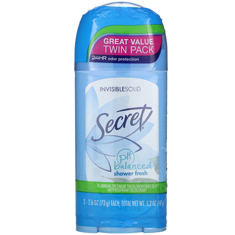 Secret, pH Balanced  Antiperspirant/Deodorant, Invisible Solid, Shower Fresh, Twin Pack, 2.6 oz (73 g) Each