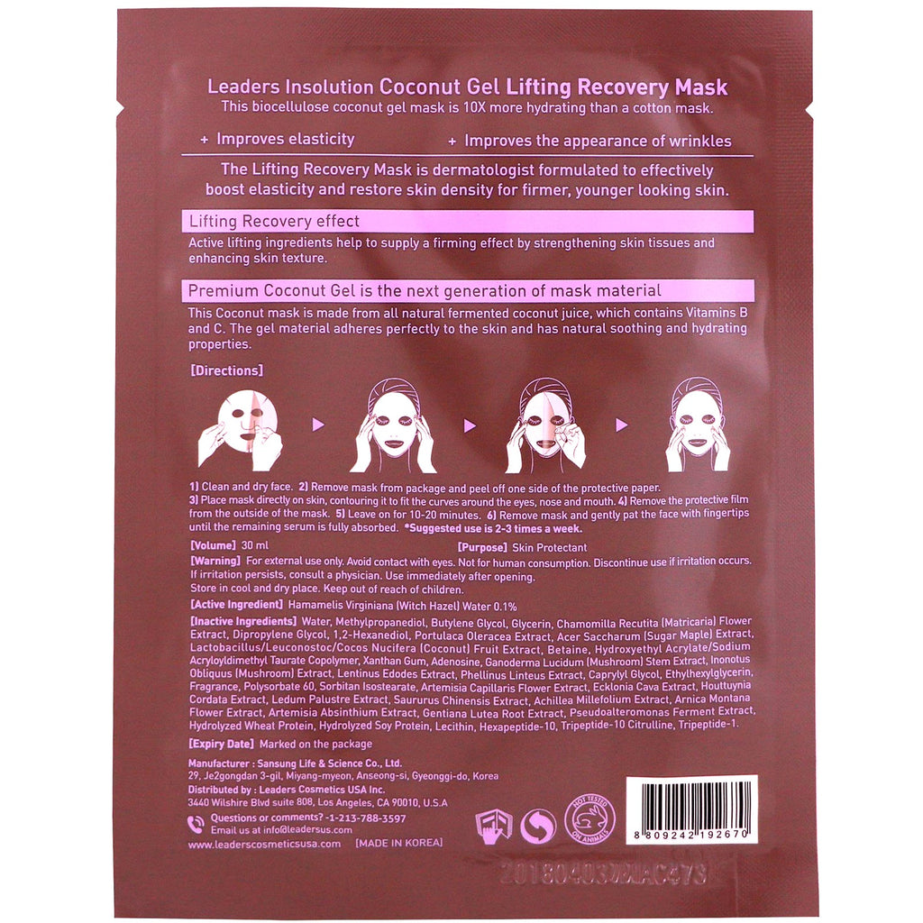 Leaders, Coconut Gel Lifting Recovery Beauty Mask, 1 Sheet, 30 ml