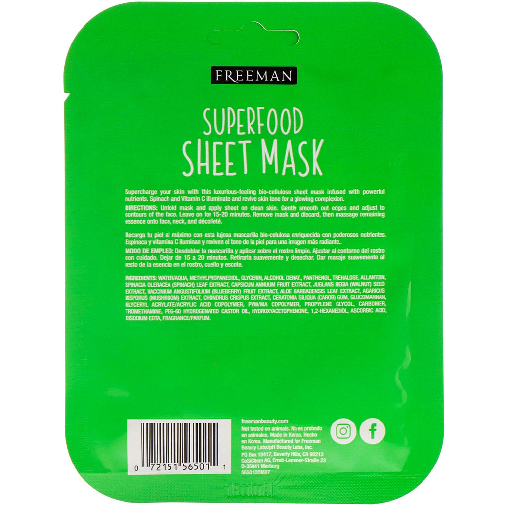 Freeman Beauty, Superfood Sheet Mask, Brightening Spinach, 1 Mask