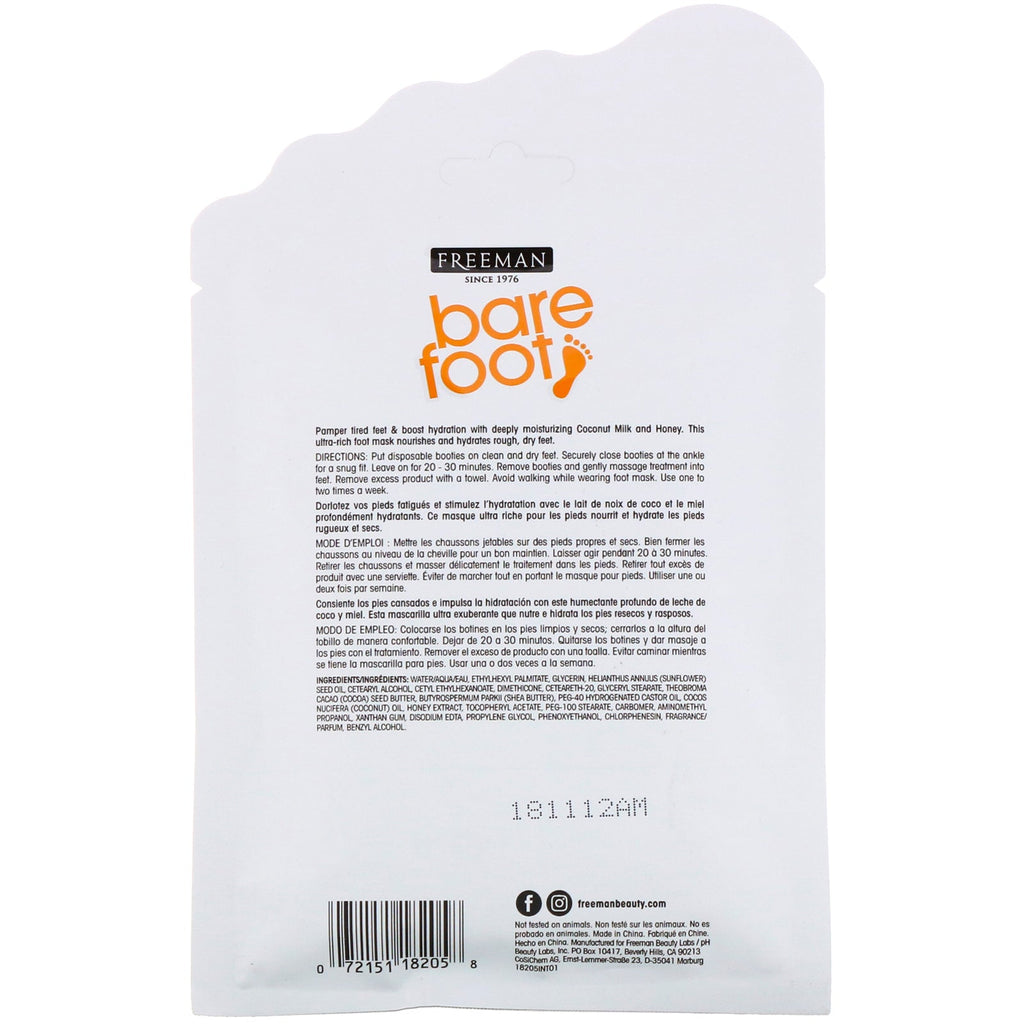 Freeman Beauty, Bare Foot, Intensive Hydrating, Foot Mask with Disposable Booties, Coconut Milk & Honey, 1 Single Use Pair