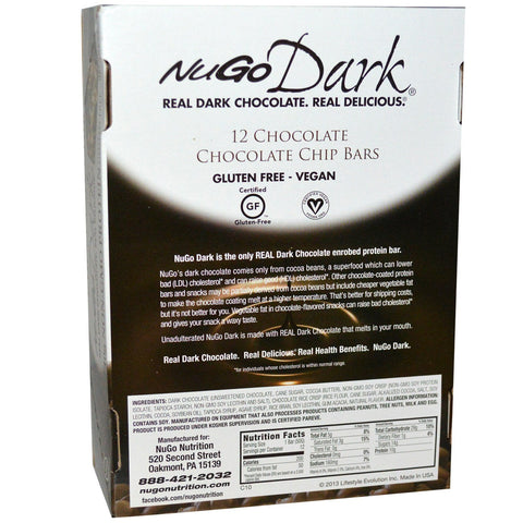 NuGo Nutrition, NuGo Dark, Protein Bars, Chocolate Chocolate Chip, 12 Bars, 1.76 oz (50 g) Each