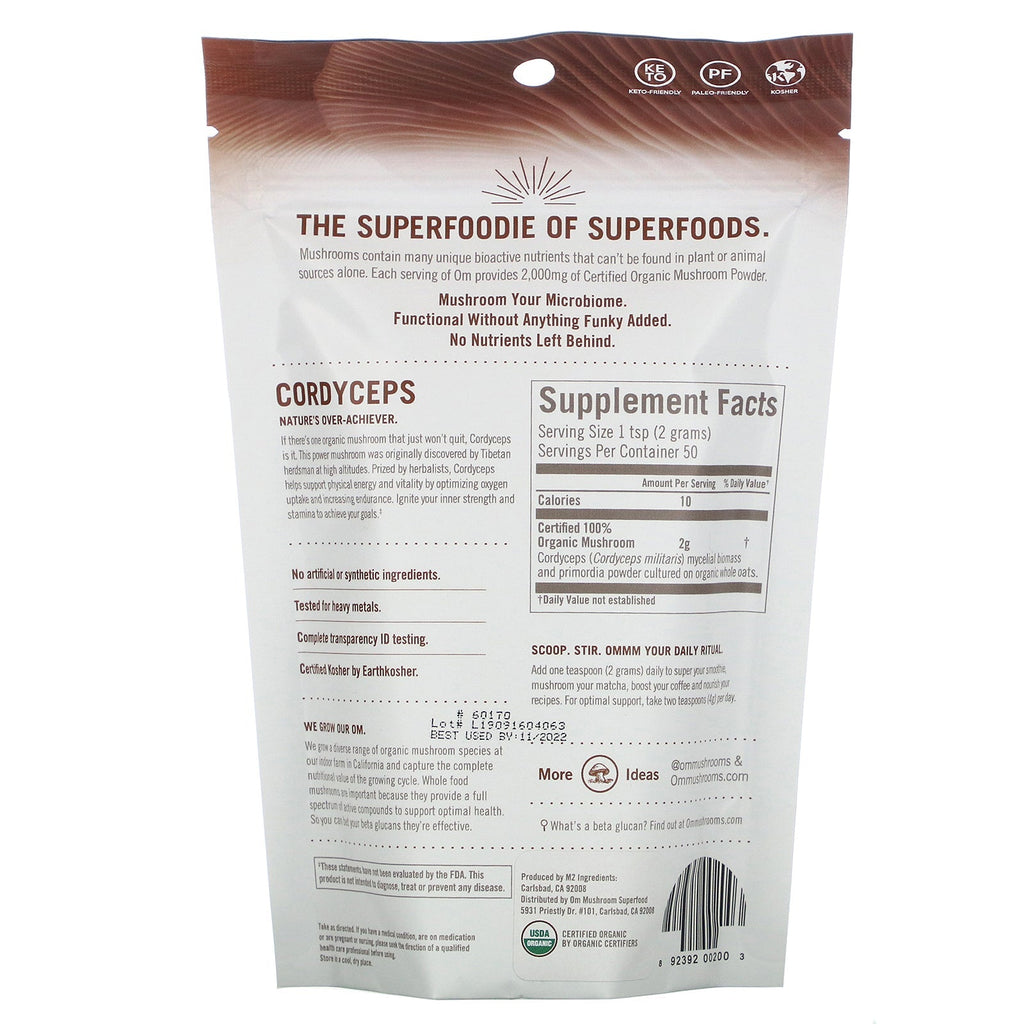 Om Mushrooms, Cordyceps, Certified 100%  Mushroom Powder, 3.5 oz (100 g)