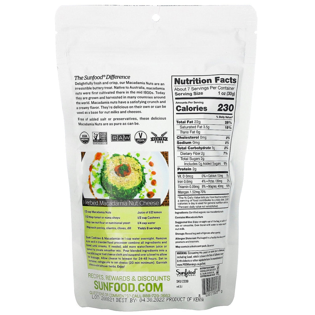 Sunfood, Raw  Macadamia Nuts, 8 oz (227 g)