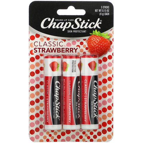 Chapstick, Lip Care Skin Protectant, Classic Strawberry, 3 Sticks, 0.15 oz (4 g) Each