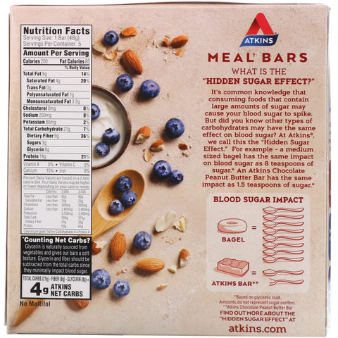 Atkins, Greek Yogurt Bar, Blueberry, 5 Bars, 1.69 oz (48 g) Each