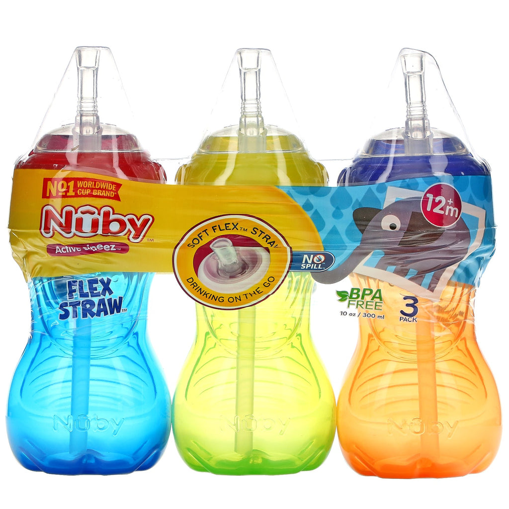 Nuby, No Spill FlexStraw Cups, 12+Months, Neutral, 3 Pack, 10 oz (300 ml) Each