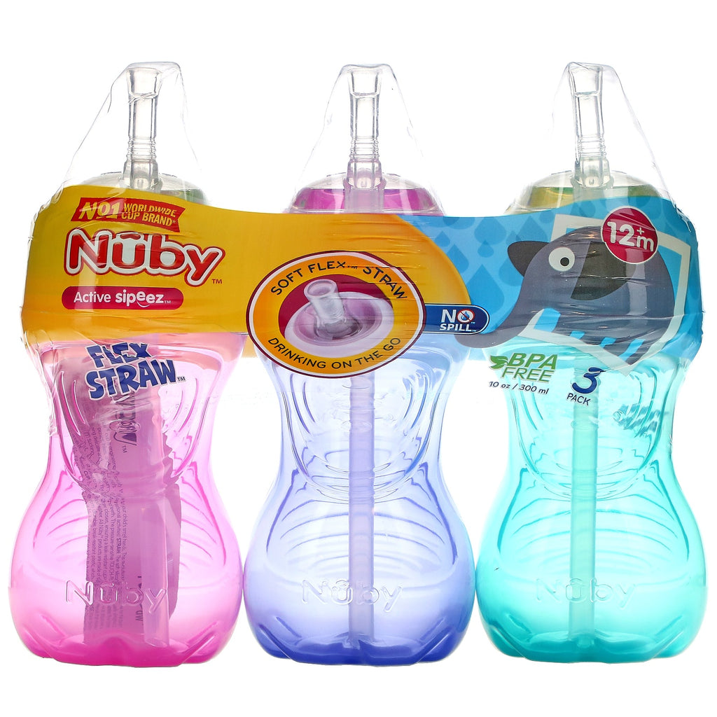 Nuby, No Spill FlexStraw Cups, 12+ Months, Girl, 3 Pack, 10 oz (300 ml) Each