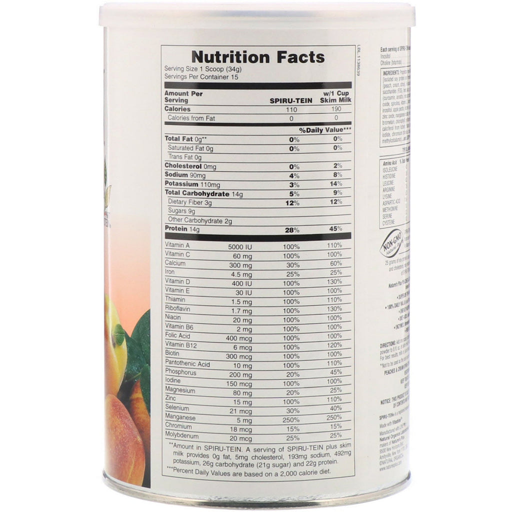 Nature's Plus, Spiru-Tein, High Protein Energy Meal, Peaches & Cream, 1.1 lbs (510 g)