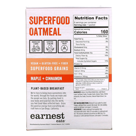 Earnest Eats, Superfood Instant Oatmeal, Maple Cinnamon, 6 Packets, 8.47 oz (240 g)