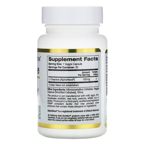 California Gold Nutrition, L-Theanine, AlphaWave, Supports Relaxation, Calm Focus, 100 mg, 30 Veggie Capsules