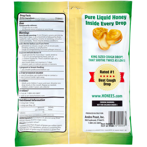 Honees, Honey Menthol Cough Suppressant, 20 Cough Drops