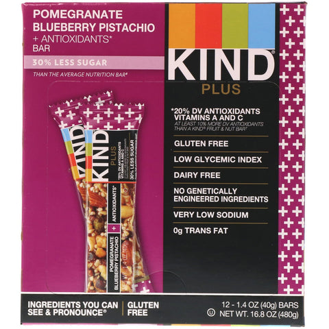 KIND Bars, Kind Plus, Pomegranate Blueberry Pistachio + Antioxidants, 12 Bars, 1.4 oz (40 g) Each