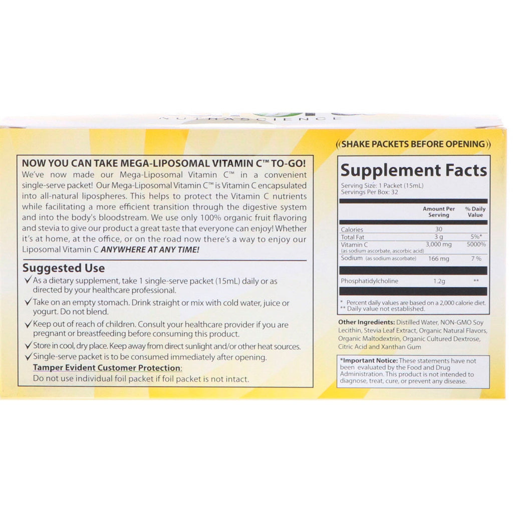 Aurora Nutrascience, Mega-Liposomal Vitamin C, 3,000 mg, 32 Single-Serve Liquid Packets, 0.5 fl oz (15 ml) Each