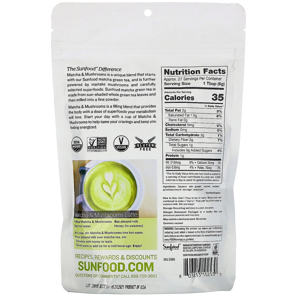 Sunfood, Superfoods,  Matcha & Mushrooms, 5.8 oz (165 g)