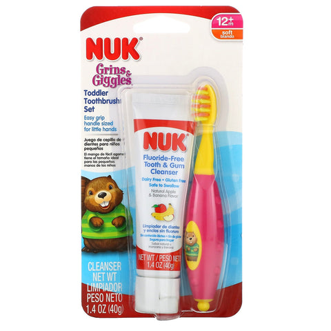 NUK, Grins & Giggles Toddler Toothbrush Set, Soft, 12+ Months, 1 Cleanser & 1 Brush