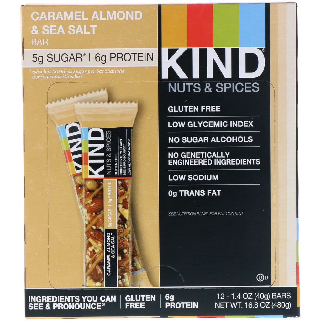 KIND Bars, Nuts & Spices, Caramel Almond & Sea Salt, 12 Bars, 1.4 oz (40 g) Each