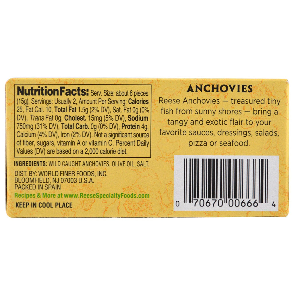 Reese, Flat Fillets of Anchovies, in Pure Olive Oil, 2 oz (56 g)