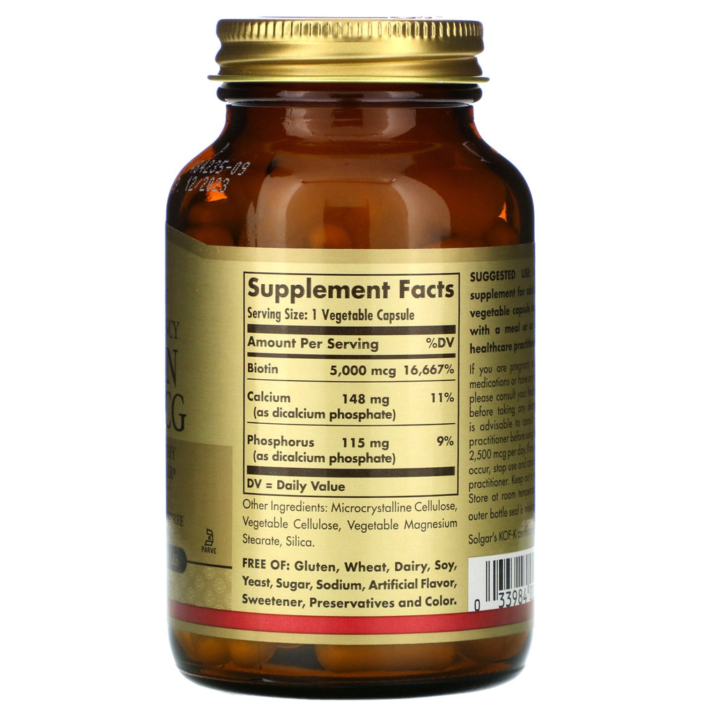 Solgar, Biotin, 5,000 mcg, 100 Vegetable Capsules