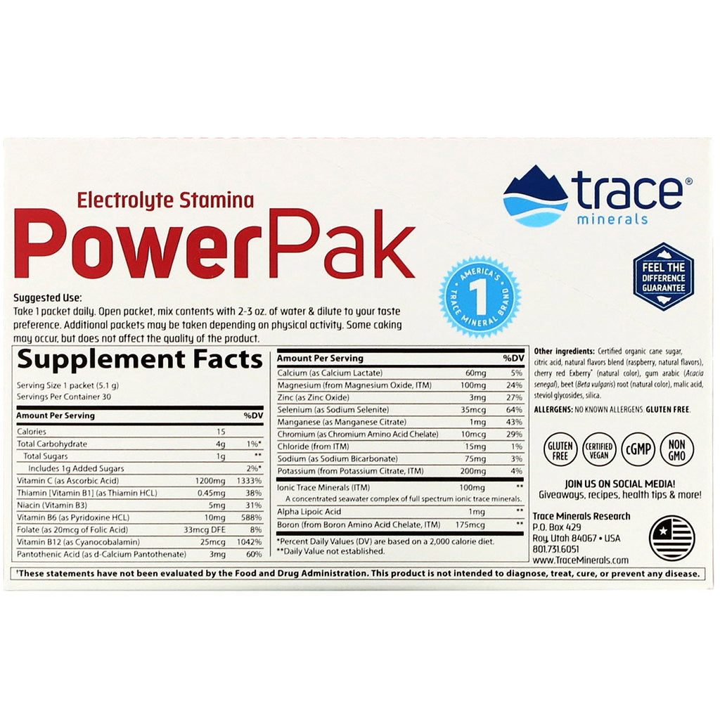 Trace Minerals Research, Electrolyte Stamina PowerPak, Raspberry, 30 Packets, 0.18 oz (5.1 g) Each