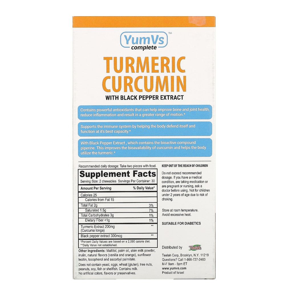 YumV's, Turmeric Curcumin with Black Pepper Extract, Delicious Orange Flavor, Sugar Free, 60 Chewables