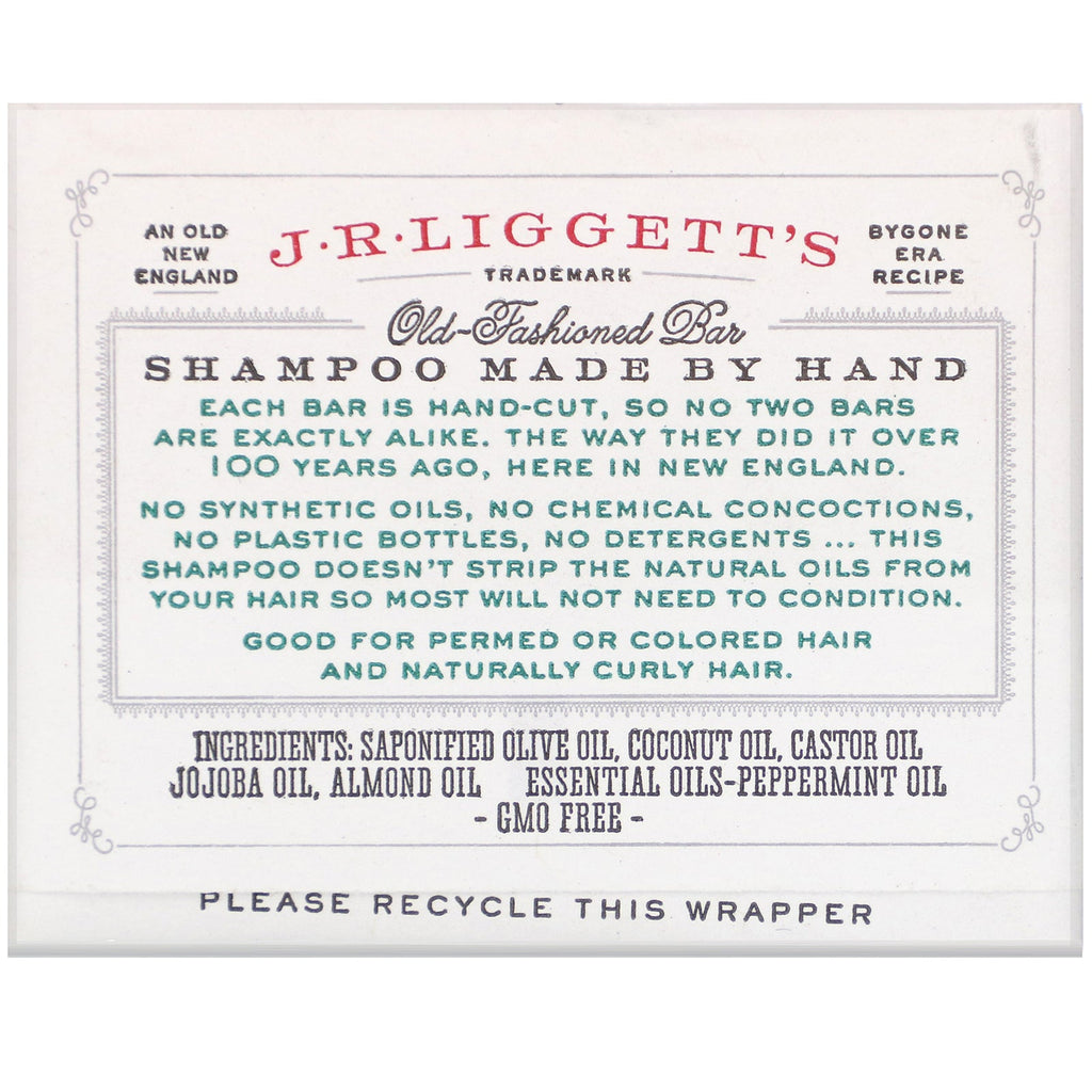 J.R. Liggett's, Old Fashioned Shampoo Bar, Jojoba & Peppermint, 3.5 oz (99 g)