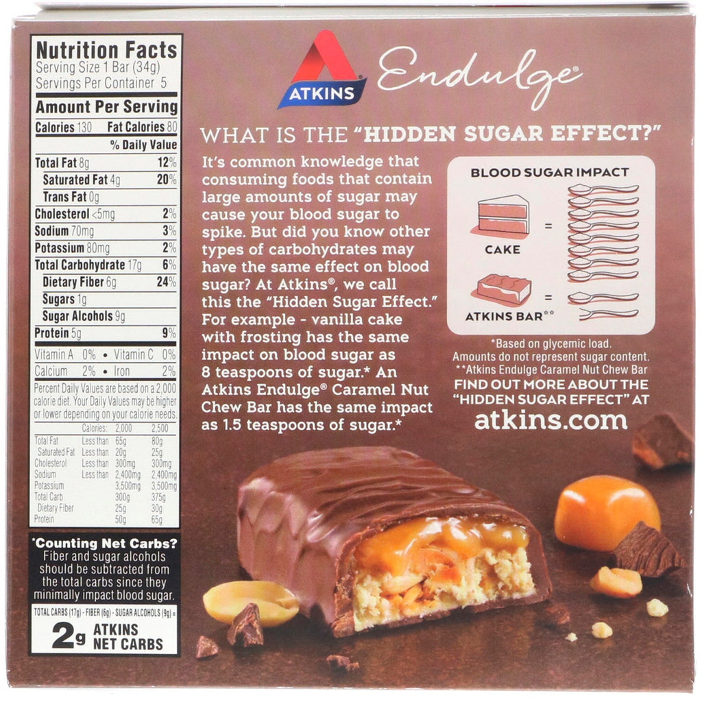 Atkins, Endulge, Caramel Nut Chew Bar, 5 Bars, 1.2 oz (34 g) Each