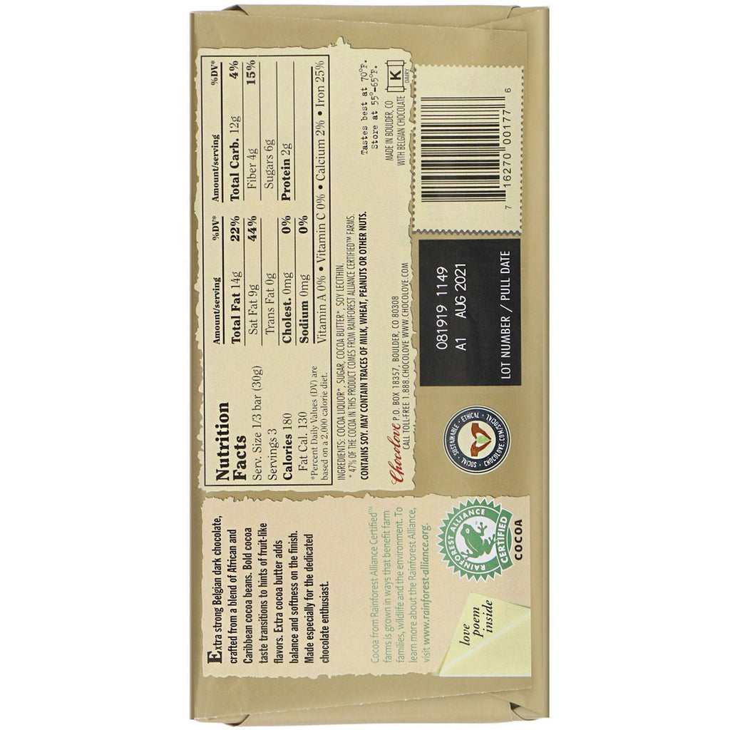 Chokolove, ekstra stærk mørk chokolade, 77 kakao, 3,2 oz (90 g)