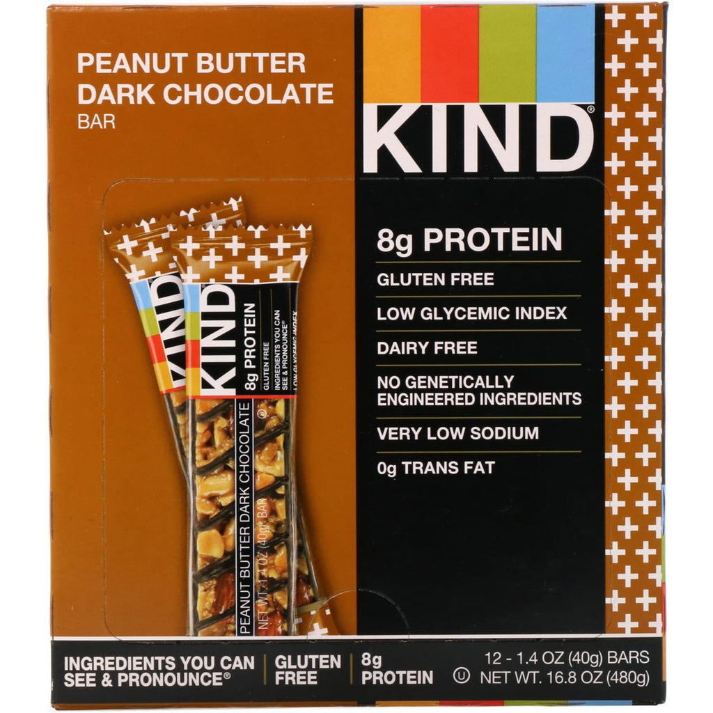 KIND Bars, Kind Plus, Peanut Butter Dark Chocolate Bar, 12 Bars, 1.4 oz (40 g) Each