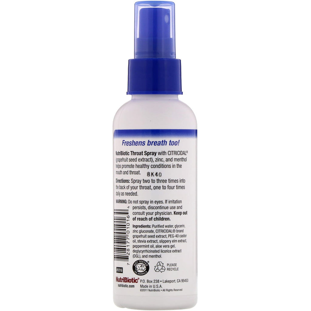 NutriBiotic, Throat Spray with Grapefruit Seed Extract plus Zinc & Menthol, 4 fl oz (118 ml)