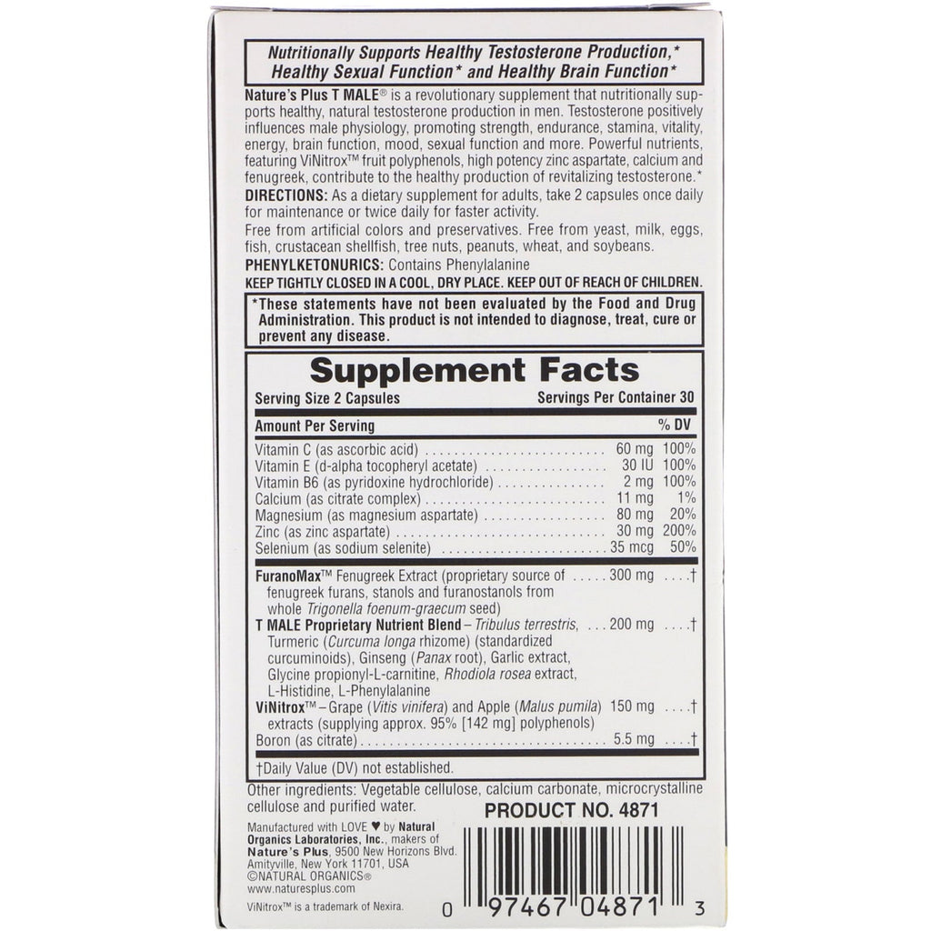 Nature's Plus, T Male, Testosteron Boost for Mænd, 60 vegetariske kapsler