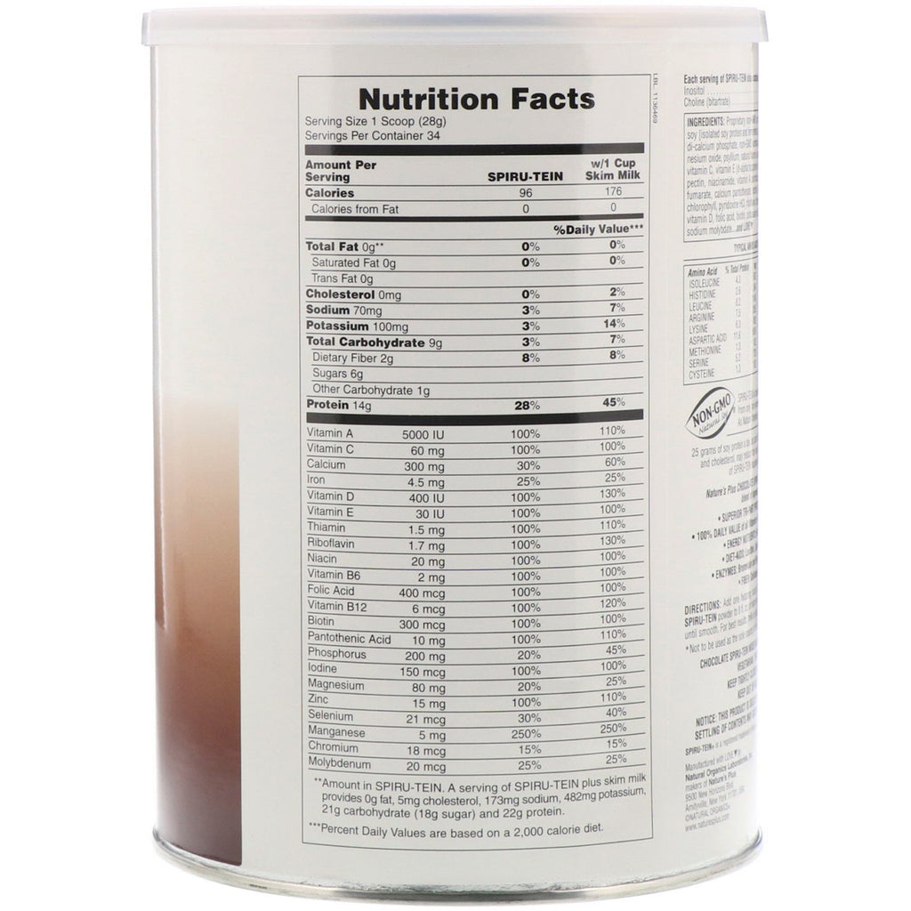 Nature's Plus, Spiru-Tein, High Protein Energy Meal, Chocolate, 2.1 lbs. (952 g)