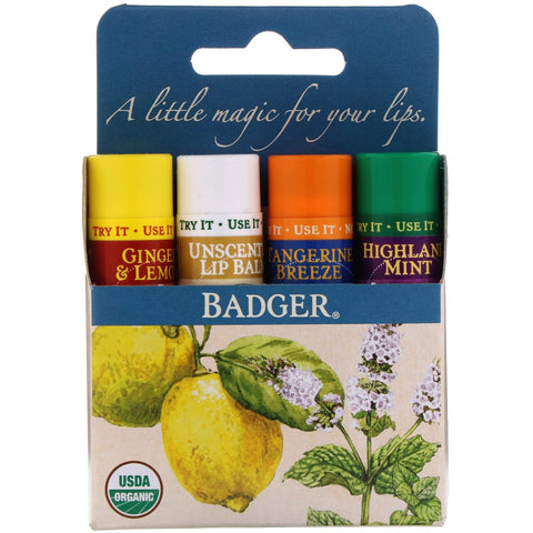 Badger Company,  Classic Lip Balm Sticks, Blue Box, 4 Lip Balm Sticks, .15 oz (4.2 g) Each