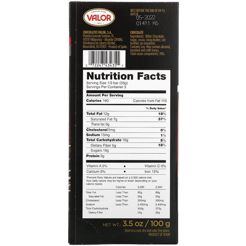 Valor, Intense Dark Chocolate, 70% Cacao, 3.5 oz (100 g)